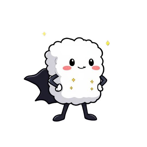 a cute cartoon character resembling a fluffy white square or cloud, standing confidently with hands on hips and a determined expression. the character has sparkles across its body and wears a black superhero cape. the style is simple, clean, and outlined 