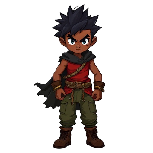 a fierce young brown skin warrior with wild, spiky black hair and a serious expression. he wears a sleeveless red shirt, green cargo pants, and rugged brown boots. a dark, tattered cloak flows behind him, and a braided rope belt ties his outfit together. 
