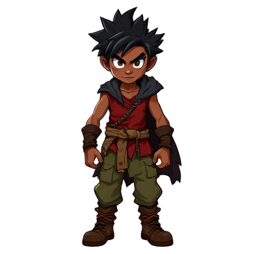 a fierce young brown skin warrior with wild, spiky black hair and a serious expression. he wears a sleeveless red shirt, green cargo pants, and rugged brown boots. a dark, tattered cloak flows behind him, and a braided rope belt ties his outfit together. 
