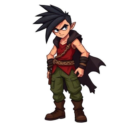 a fierce young warrior with wild, spiky black hair and a serious expression. he wears a sleeveless red shirt, green cargo pants, and rugged brown boots. a dark, tattered cloak flows behind him, and a braided rope belt ties his outfit together. 