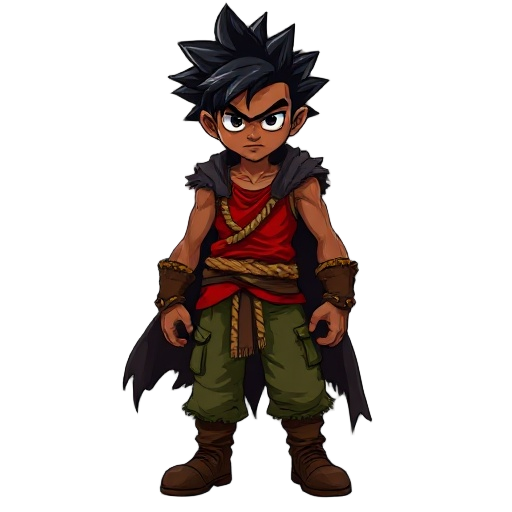 a fierce young brown skin warrior with wild, big spiky black hair and a serious expression. he wears a sleeveless red shirt, green cargo pants, and rugged brown boots. a dark, tattered cloak flows behind him, and a braided rope belt ties his outfit togeth