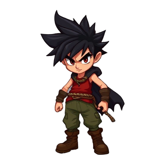 a fierce young warrior with wild, spiky black hair and a serious expression. he wears a sleeveless red shirt, green cargo pants, and rugged brown boots. a dark, tattered cloak flows behind him, and a braided rope belt ties his outfit together. 