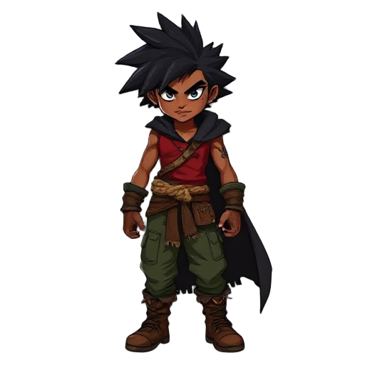 a fierce young brown skin warrior with wild, big spiky black hair and a serious expression. he wears a sleeveless red shirt, green cargo pants, and rugged brown boots. a dark, tattered cloak flows behind him, and a braided rope belt ties his outfit togeth