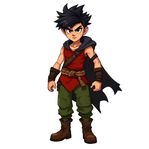 a fierce young warrior with wild, spiky black hair and a serious expression. he wears a sleeveless red shirt, green cargo pants, and rugged brown boots. a dark, tattered cloak flows behind him, and a braided rope belt ties his outfit together. 