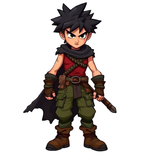 a fierce young warrior with wild, spiky black hair and a serious expression. he wears a sleeveless red shirt, green cargo pants, and rugged brown boots. a dark, tattered cloak flows behind him, and a braided rope belt ties his outfit together. he holds a 