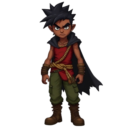 a fierce young brown skin warrior with wild, big spiky black hair and a serious expression. he wears a sleeveless red shirt, green cargo pants, and rugged brown boots. a dark, tattered cloak flows behind him, and a braided rope belt ties his outfit togeth