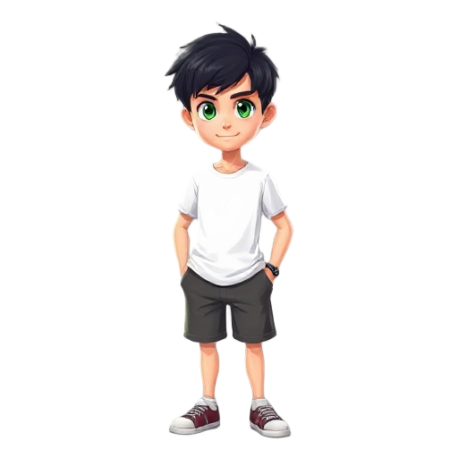 man in shorts, black short hair, green eyes, white tshirt
