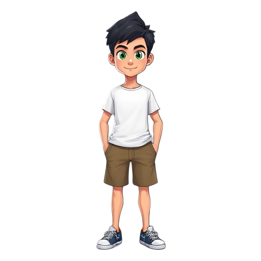 man in shorts, black short hair, green eyes, white tshirt