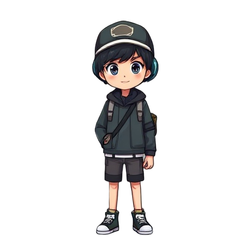 eorang remaja sma memakai hodie dan ransel hitam dengan rambut hitam pendek. buat dengan style anime