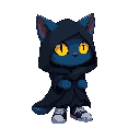 a small cat-like humanoid with smooth midnight-blue fur and large glowing yellow eyes. wears a loose, tattered black cloak that hides most of its body, with lighter blue hands and feet visible. black-and-white sneakers add a casual touch. a soft bluish gl