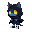 a small cat-like humanoid with smooth midnight-blue fur and large glowing yellow eyes. wears a loose, tattered black cloak that hides most of its body, with lighter blue hands and feet visible. black-and-white sneakers add a casual touch. a soft bluish gl
