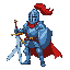 knight, blue armour, sword shield and a red cape