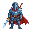 game character, hero knight, blue armour, sword shield and a red cape