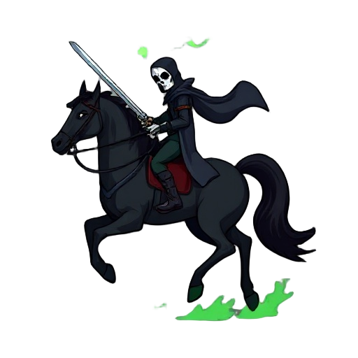 headless horseman riding a black horse with glowing green smoke from the head and with a sword in hand