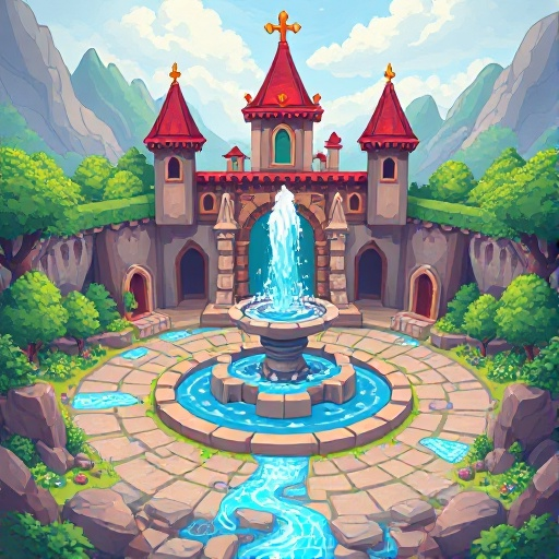 background asset for a pixel rpg 2d game, a great medieval kingdom, a fountain in the middle, magic energy flowing from the ground, 2d landscape for game
