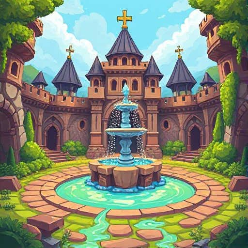background asset for a pixel rpg 2d game, a great medieval kingdom, a fountain in the middle, magic energy flowing from the ground