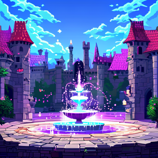background asset for a pixel rpg 2d game, a great medieval kingdom, a fountain in the middle, magic energy flowing from the ground