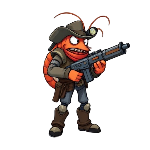 shrimp bounty hunter with mega man gun claw, old western style