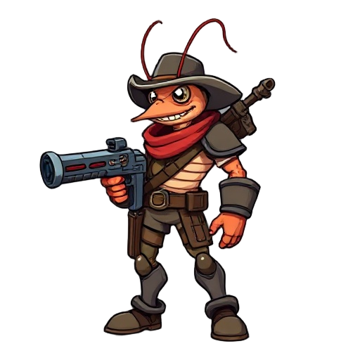 shrimp bounty hunter with mega man gun claw, old western style