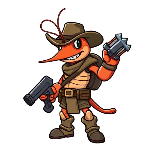 shrimp bounty hunter with mega man gun claw, old western style