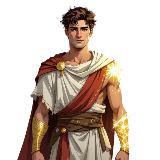 painterly fantasy portrait of a gaunt young man in tattered greek robes. his right arm is visible, marked by a glowing celestial brand of shimmering gold and silver that looks like a constellation, emitting a soft light.