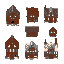 a sprite sheet containing 8 pixel art medieval buildings like blacksmith, tavern, inn, chapel etc. in 16 bits from a top down view. transparent background. the buildings are precisely sized to a grid