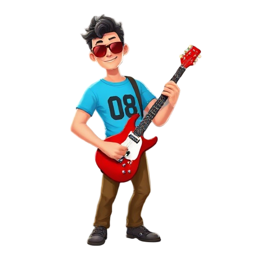 guy with little curly hair and wearing sky blue tshirt with 08 written on the front and half sleeves and brown pant with red sunglasses on and red electric guitar 