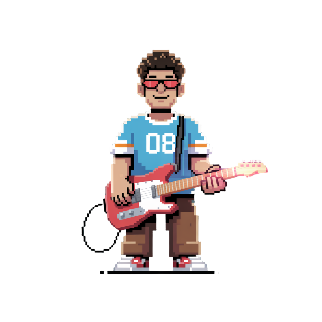 very pixelated guy with little curly hair and wearing sky blue tshirt with 08 written on the front and half sleeves with white and orange strips and brown pant with red sunglasses on and red electric guitar 
