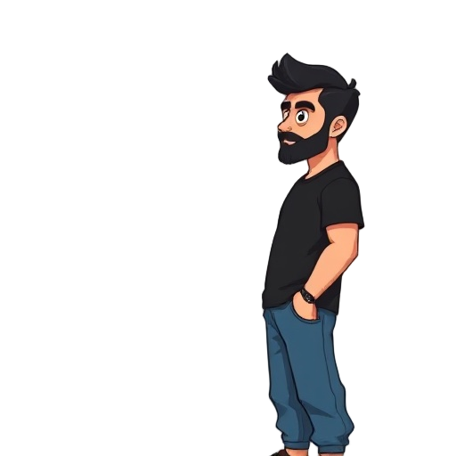 a man wearing black shirt and blue loose fit jeans, having black colour hair and beard, side view