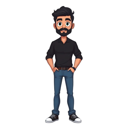 a man wearing black shirt and blue jeans, having black colour hair and beard.