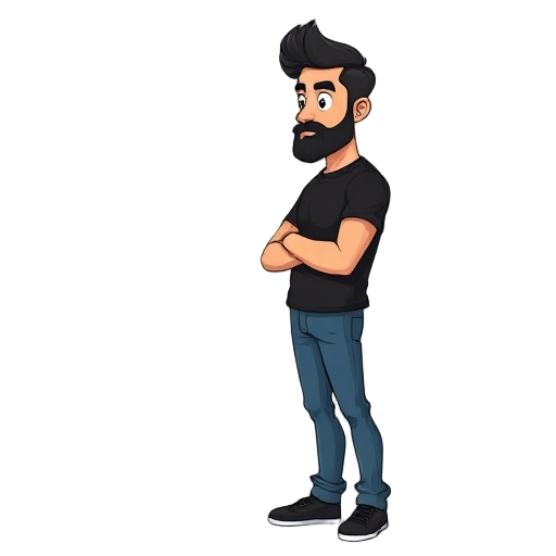 a man wearing black shirt and blue jeans, having black colour hair and beard, side view