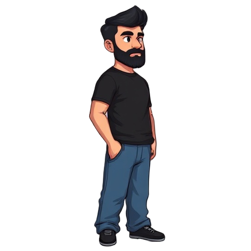 a man wearing black shirt and blue loose fit jeans, having black colour hair and beard, side view