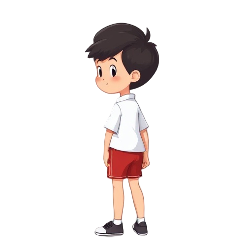 2d art sprite of a schoolboy wearing a white shirt and red shorts, facing right, full body, neutral expression, natural lighting, transparent background, high resolution.