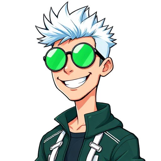 tall, slim young man with spiky white hair tinted blue, wearing reflective green round sunglasses. he grins widely, showing sharp teeth. dressed in a dark green high-collar sports jacket with white details, his confident, relaxed posture radiates rebellio