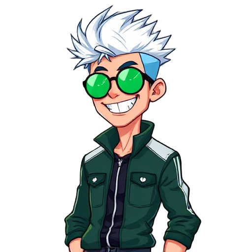 tall, slim young man with spiky white hair tinted blue, wearing reflective green round sunglasses. he grins widely, showing sharp teeth. dressed in a dark green high-collar sports jacket with white details, his confident, relaxed posture radiates rebellio