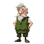 an old man with a green gilet, big white mustache and messy grey hair and fat