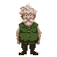 an old man with a green gilet, big white mustache and messy grey hair and fat, he has to be short and without beard only mustache