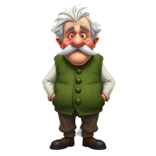 an old man with a green gilet, big white mustache and messy grey hair and fat