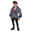 this character is a confident, athletic-looking male with a strong build and sharp features. he wears a sleek silver-gray jacket with blue cuffs over a matching gray v-neck shirt labeled "cb," suggesting a personalized or team identity. his black pants an