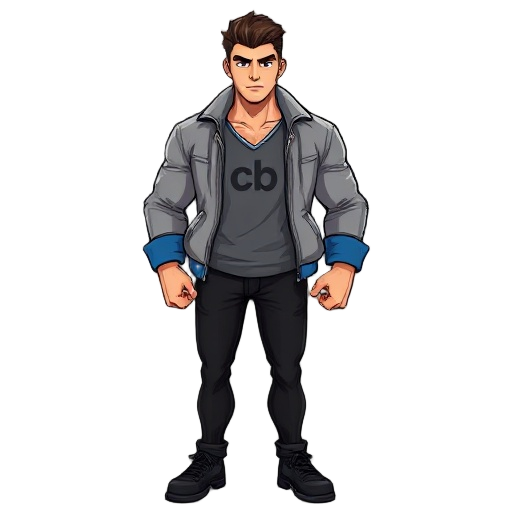 this character is a confident, athletic-looking male with a strong build and sharp features. he wears a sleek silver-gray jacket with blue cuffs over a matching gray v-neck shirt labeled "cb," suggesting a personalized or team identity. his black pants an