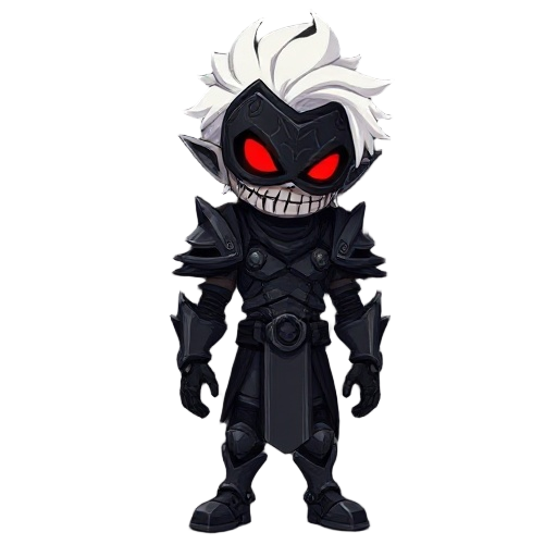 a striking figure with white hair and a black mask with red glowing eyes and stitched mouth, wearing dark, mechanical armor, standing, against a dark and smoky background with tendrils of red mist. st