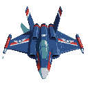 top down, futuristic war spaceship, arcade sonic wings style. blue hull with red and white accents, eagle emblem on nose, cyan cockpit, angular sharp wings, american design.