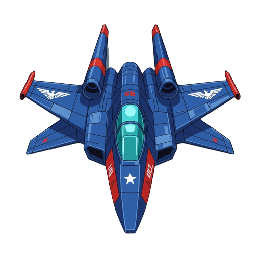 futuristic war spaceship, arcade sonic wings style. blue hull with red and white accents, eagle emblem on nose, cyan cockpit, angular sharp wings, american design.