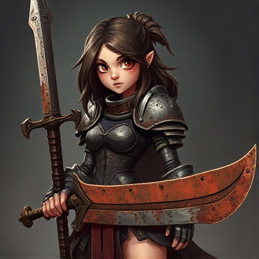 young woman, wearing a rusty armor and a long, dented and rusted sword. she is actually death incarnate, but it isn't obvious