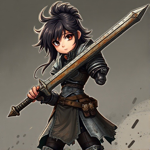 young woman, wearing a rusty armor and a long, dented and rusted sword. she is actually death incarnate, but it isn't obvious. yoshitaka amano