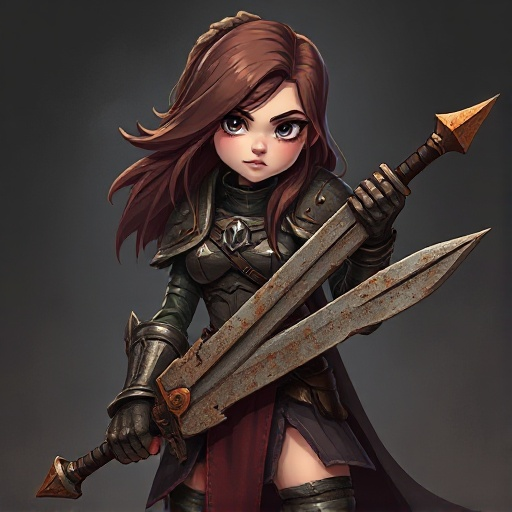young woman, wearing a rusty armor and a long, dented and rusted sword. she is actually death incarnate, but it isn't obvious