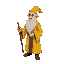 an old man with a long beard wearing a yellow robe, a wizard holding a magic wand