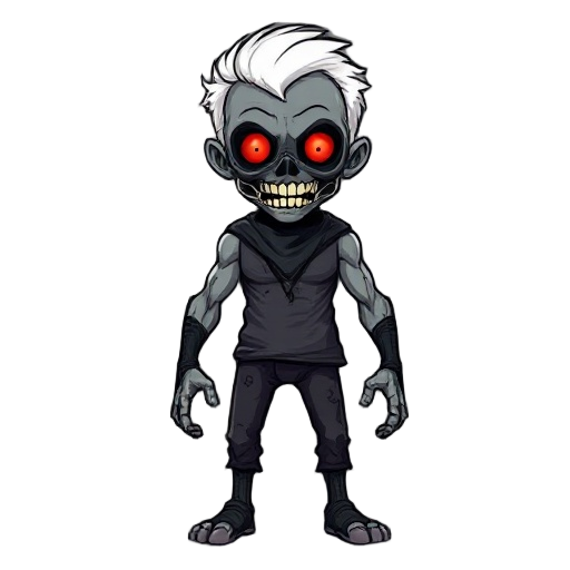 correct for a proportional human body, a striking figure with white hair, a zombie-like appearance, muscular, and a black mask with glowing red eyes and a mouth sewn shut with visible wires, wearing