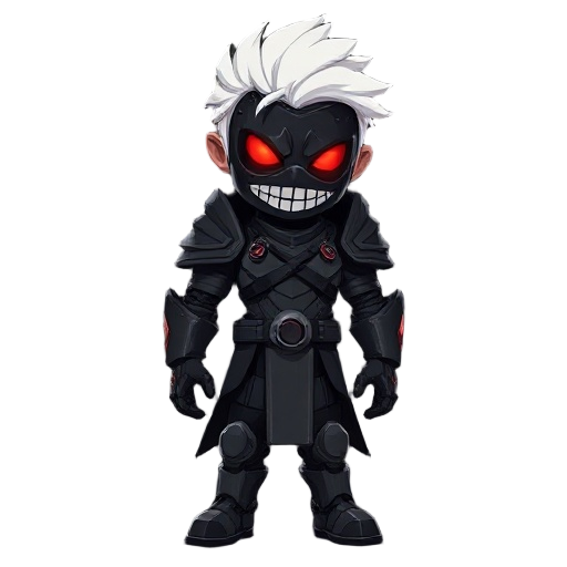 correct for a human proportional body,  a striking figure with white hair and a black mask with red glowing eyes and stitched mouth, wearing dark, mechanical armor, standing, against a dark and smoky