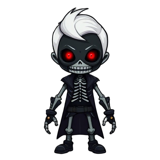 correct for a proportional human body, a striking figure with white hair, a skeletal appearance and a black mask with glowing red eyes and a mouth sewn shut with visible wires, wearing dark, mechanica